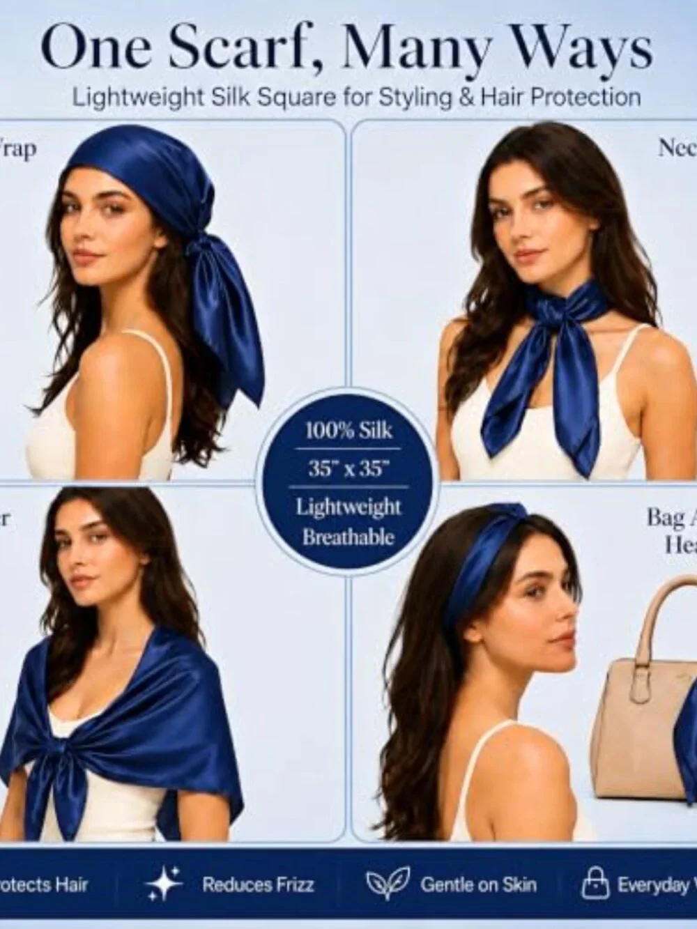 35x35 Pure Mulberry Silk Head Scarf - Anti-Frizz Sleep Wrap Hair Growth Bandana